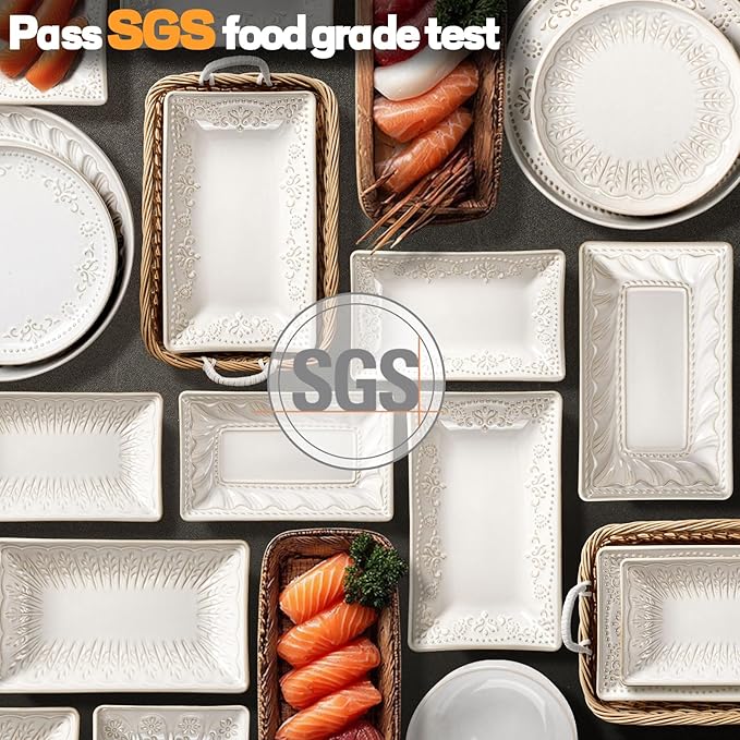 Artena Ceramic Pasta Bowls Set of 4-9.85 Inch Large Salad Bowls, 25 oz Serving Bowls for Soup, Dinner & Party - Embossed Microwave Safe Kitchen Dishes, Rectangle Plates (Pinwheel Flower)