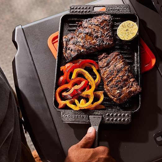 CURRENT Cast Iron Sizzle Plates 3-Piece Set - Deep Pan, Shallow Pan, Grill Pan with Removable Handle, Pre-Seasoned, Heat Retention, Compatible Model P Pizza Oven