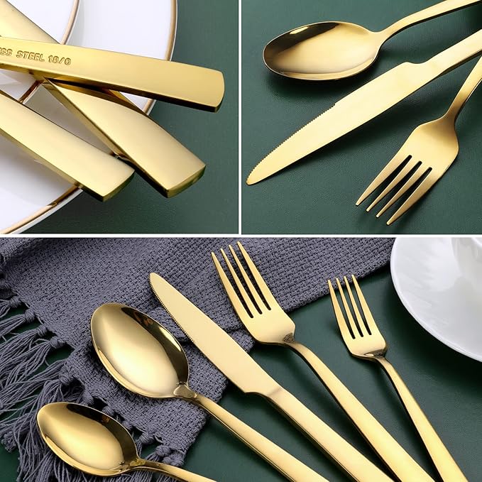 Gold Silverware Set, OGORI 30-Piece Gold Forged Stainless Steel Flatware Set with Square Handle, Service of 6