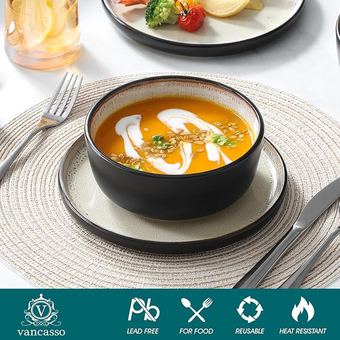 vancasso Plates and Bowls Sets, 24 Pieces Stoneware Dinnerware Sets for 8, Kitchen Dish Set Mircowave and Dishwasher Safe Ceramic Dishware, Light Cream, Series AMBER