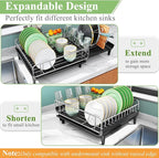 SNTD Dish Drying Rack - Expandable Dish Rack for Kitchen Counter, Large Dish Drainer with Pan Holder, Dish Strainer with Drainboard Cup Holder and Utensil Holder, Black