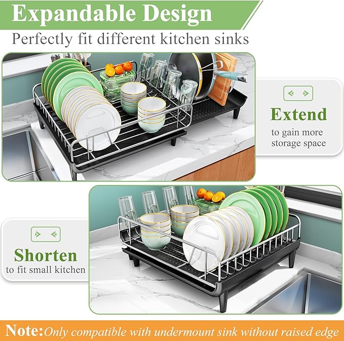 SNTD Dish Drying Rack - Expandable Dish Rack for Kitchen Counter, Large Dish Drainer with Pan Holder, Dish Strainer with Drainboard Cup Holder and Utensil Holder, Black