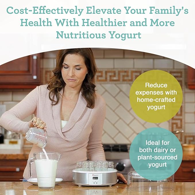 Euro Cuisine Yogurt Maker - YMX650 Automatic Digital Yogurt Maker Machine with Set Temperature - Includes 7-6 oz. Reusable Glass Jars and 7 Rotary Date Setting Lids for Instant Storage