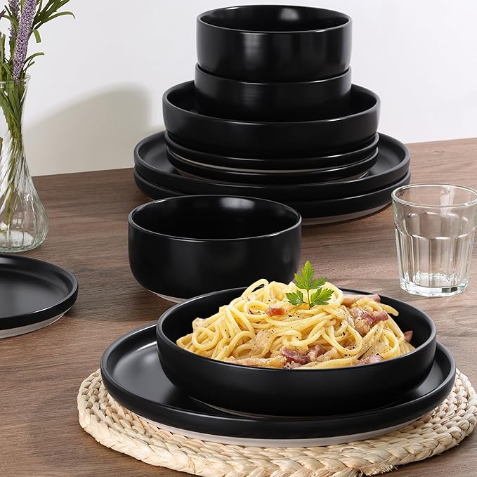 HaWare 16-Piece Plates and Bowls Set for 4, Stoneware Dinnerware Sets with Pasta Bowl, Dishes Set for Home Restaurant, Frosting Black
