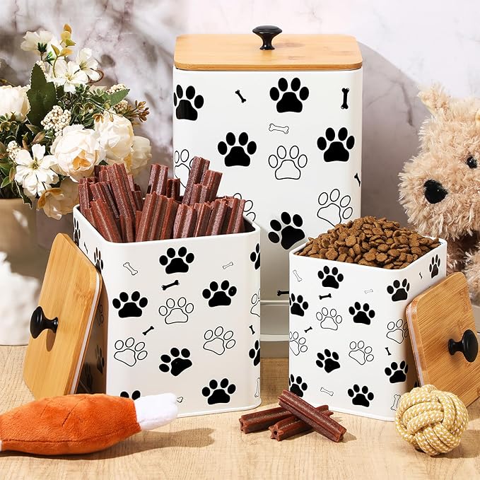 3 Pack Airtight Dog Food Containers with Bamboo Lids, Metal Dog Treat Jars Canisters for Kibble, Biscuits, Snacks, Cookies, Pet Food Storage Set for Kitchen Counter(White)