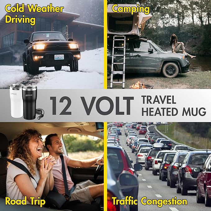 Wagan EL6101 12V Travel Car Heated Mug Portable 16oz Stainless Steel Anti-Spill Lid Slip Resistant Base Car Coffee Warmer Coffee Cup (Black)