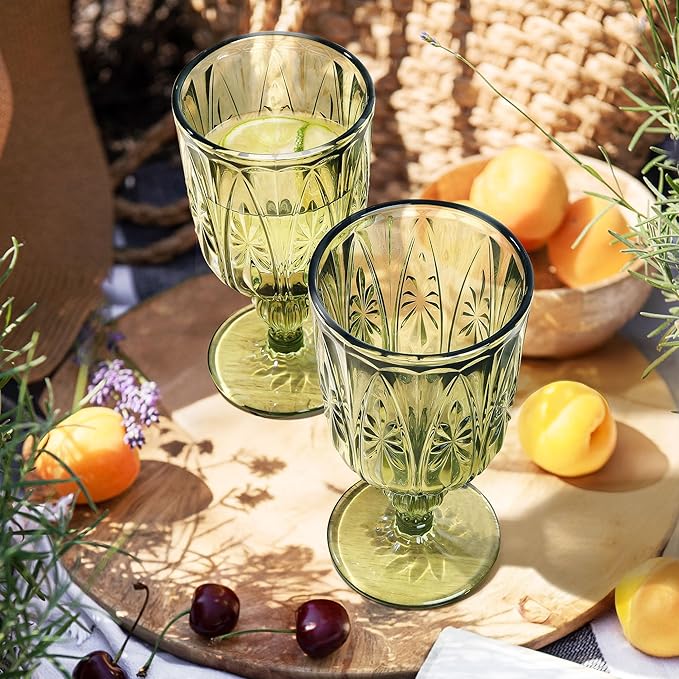 Joeyan Green Vintage Glass Wine Goblet,10 oz Embossed Stemmed Wine Glasses with Floral Design,Colored Drinking Glasses for Christmas Party Wedding Table Decor,Set of 4,Dishwasher Safe