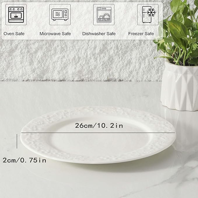 Neaylfe 10 inch Ceramic Dinner Plates, Set of 6, Embossed White Salad Plates, Round Kitchen Dining Plates for Restaurant, Porcelain Serving Dishes for Lunch, Pizza, Buffet, Steak, Bread
