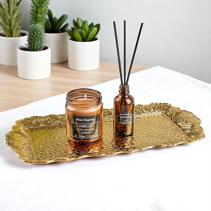 Alisveristime Small Ornate Metal Serving Tray – Ottoman Motif Decorative Tray (14.2" x 7.1", 10.8 oz) (Gold)