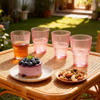 Pink Ribbed Glass Set of 4 14oz Highball Glass Stackable Vintage Durable for Water, Seltzer, Sparkling, Elegant Everyday Glassware