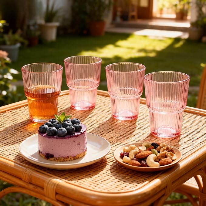 Pink Ribbed Glass Set of 4 14oz Highball Glass Stackable Vintage Durable for Water, Seltzer, Sparkling, Elegant Everyday Glassware