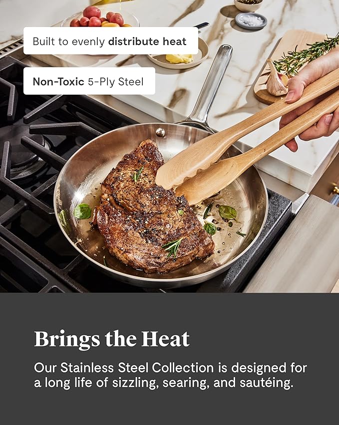 Caraway Stainless Steel Cookware Set – 12 Piece 5-Ply Stainless Steel Pots and Pans Set - Includes Fry, Sauce, Sauté Pan, Dutch Oven, and Space-Saving Storage - Non Toxic, PTFE & PFOA Free