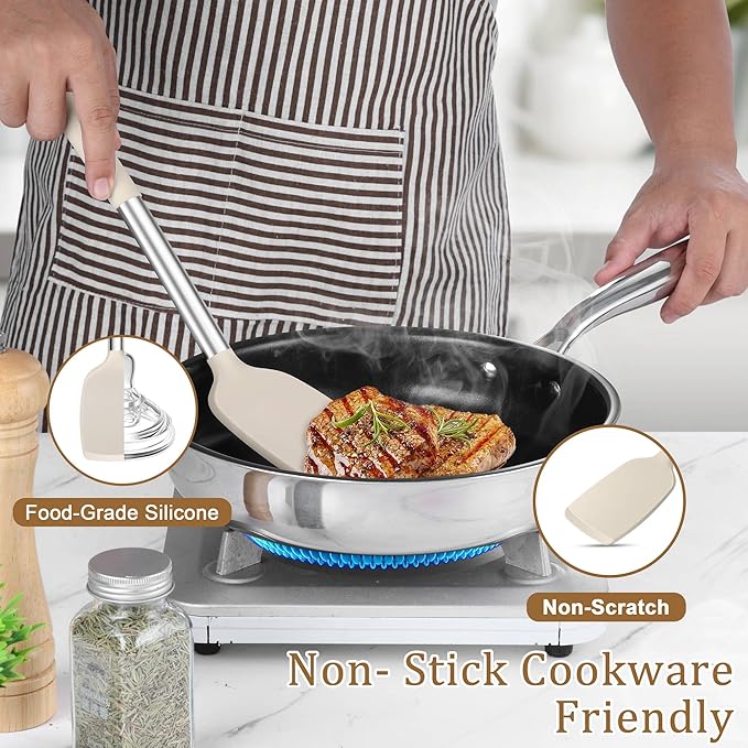 TeamFar Cooking Utensils Set, 5 PCS Silicone Kitchen Utensils with Stainless Steel Handle for Nonstick Cookware Turning Flipping Frying Draining, Heatproof & Healthy, Nonstick & Easy Clean, Khaki