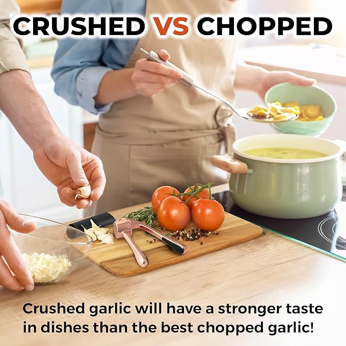Zulay Kitchen Premium Garlic Press Set - Rust Proof & Dishwasher Safe Professional Garlic Mincer Tool - Easy-Squeeze, Easy-Clean with Soft Handle - Silicone Garlic Peeler & Brush (Rose Gold)