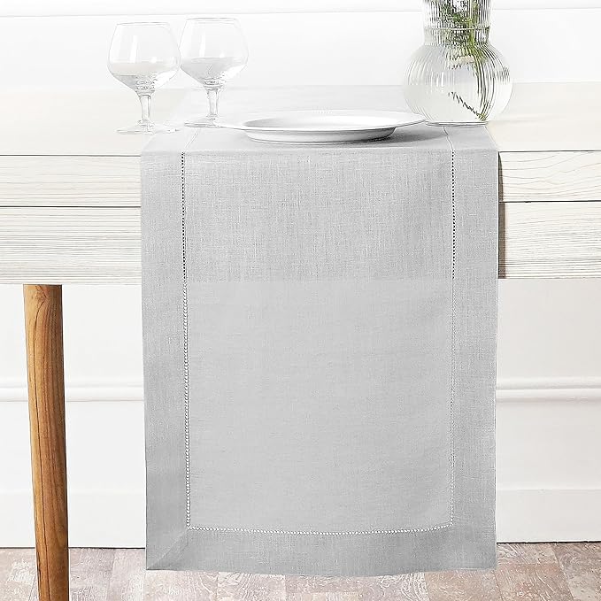 D'Moksha Homes Linen Silver Grey Table Runner 60 Inches - Classic Hemstitch, 100% Pure Linen Coffee Table Runner 14 x 60 Inch Ideal for Dresser Tables - Summer, Fall and Halloween