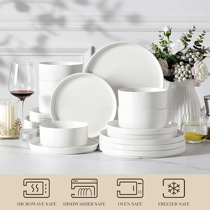 MALACASA 18 Pieces Porcelain Dinnerware Set, Modern White Dish Set for 6, Premium Serving Plates and Bowls Sets, Chip and Scratch Resistant Dishware Sets Kitchen Dishes Dining Ware Set, Series LEAH
