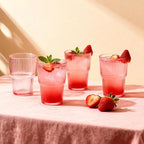 Pink Ribbed Glass Set of 4 14oz Highball Glass Stackable Vintage Durable for Water, Seltzer, Sparkling, Elegant Everyday Glassware