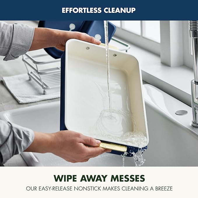 GreenPan Bakeware Rectangular Cake Pan, Ceramic Nonstick Baking Pan, PFAS & BPA Free, Gold Handles, Durable Steel, Freezer to Oven Dish, Scratch Resistant, Bake & Roast Ovenware, Oxford Blue