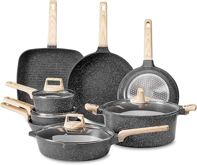 VEVOR 19 Piece Pots and Pans Set, Granite Nonstick Cookware Set, Induction Cookwares, Kitchen RV Cooking Sets with Frying, Sauce, Saute, Tempered Glass Lids, and Pan Protectors, Black