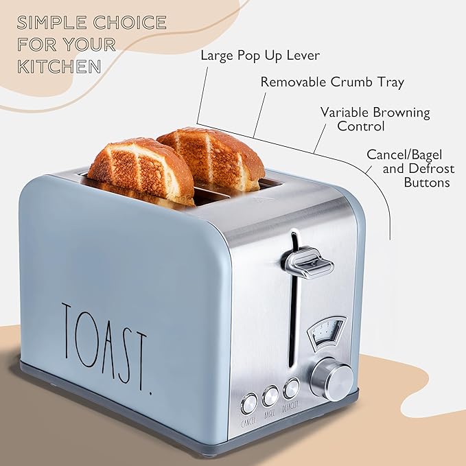 Rae Dunn Toaster, Stainless Steel 2 Slice Square Toaster, Wide Slot with 5 Browning Levels, with Bagel, Defrost and Cancel Options (Baby Blue)