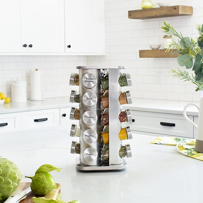 Orii 20 Jar Stainless Steel Rotating Spice Rack - No Spices - Stainless Steel Lids and Glass Jars