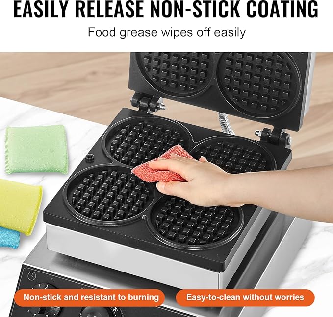 VEVOR Commercial Waffle Maker, 4PCS Round Waffle Baker Machine,1750W Non-Stick Stainless Steel Belgian Waffle Iron with Temperature and Time Control, for Restaurant Bakery Snack Bar Family