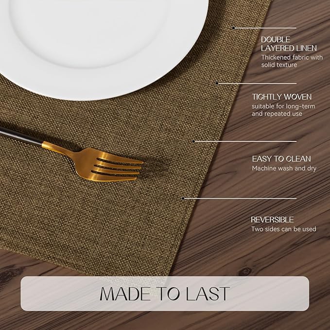 Romanstile Cloth Placemats Set of 4-12 x 18 Inch, Heat Resistant Double Layered Thickened Burlap Place Mats, Washable Faux Linen Farmhouse Table Mats for Kitchen/Dining/Party/Outdoor, Brown