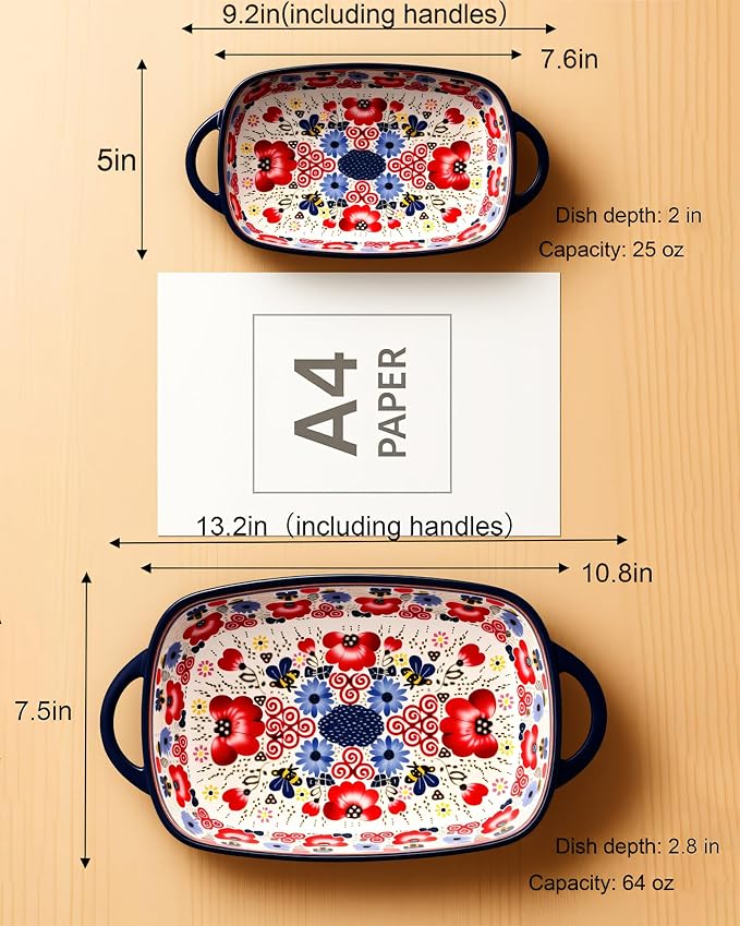 Ceramic Baking Dish Set of 2 – Decorative Polish Pottery Style Casserole Dishes with Handles, Cute Oven-Safe Lasagna Bakeware Gift Set