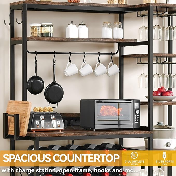 DWVO Baker Rack with Power Outlet, Microwave Stand W/Storage, 6-Tier Industrial Coffee Bar Cabinet W/Hook, Wine Rack & Goblet Holder, Wood & Metal Kitchen Shelf Organizer for Dining Room, Rustic Brown