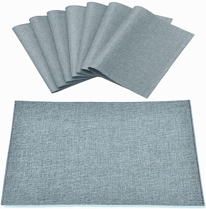 Linen Placemats Set of 8, Machine Washable, Heat Resistant, Wrinkle Free, Thick Polyester Kitchen Place Mats for Dining Table (Light Gray)