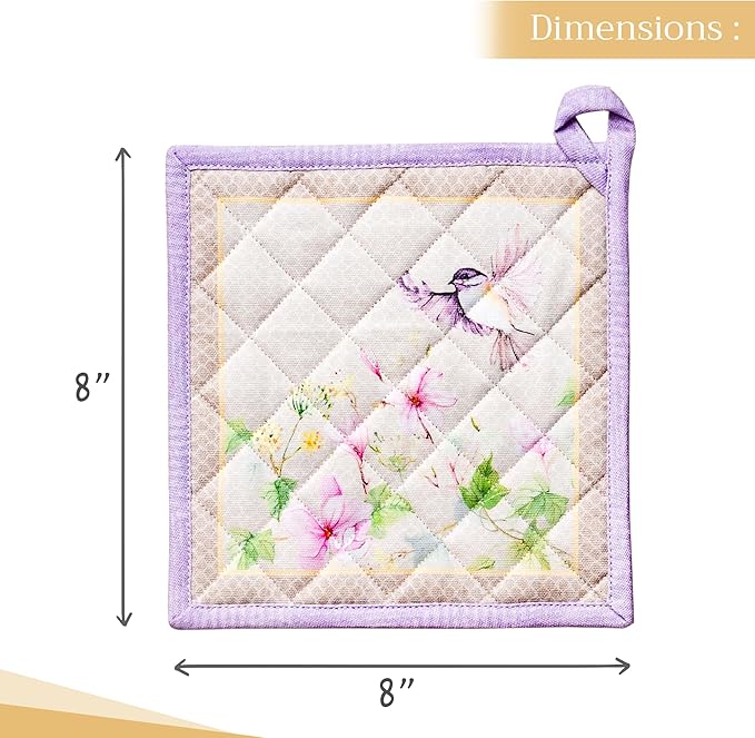 Maison d' Hermine Pot Holders 100% Cotton Heat Resistant Potholders 8" x 8" Hot Pads with Loop BBQ, Cooking, Baking, Grilling, Kitchen, Handling Hot Pans Spring/Summer (Pack of 1, Magnolia Mornings)