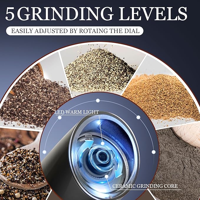 Gravity Electric Salt and Pepper Grinder, Automatic Pepper Mill, USB Rechargeable, Adjustable Coarseness, One-handed Operation, Ceramic Burr, Refillable, Auto Grinders with LED Light