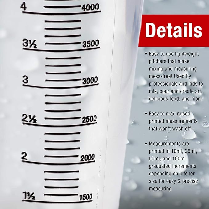 TCP Global 5 Liter (5000ml) Gallon Plastic Graduated Measuring and Mixing Pitcher (Pack of 3) - Holds 5 Quarts 1.25 Gallons- Pouring Cup, Measure & Mix Paint, Resin, Epoxy, Kitchen Cooking Baking