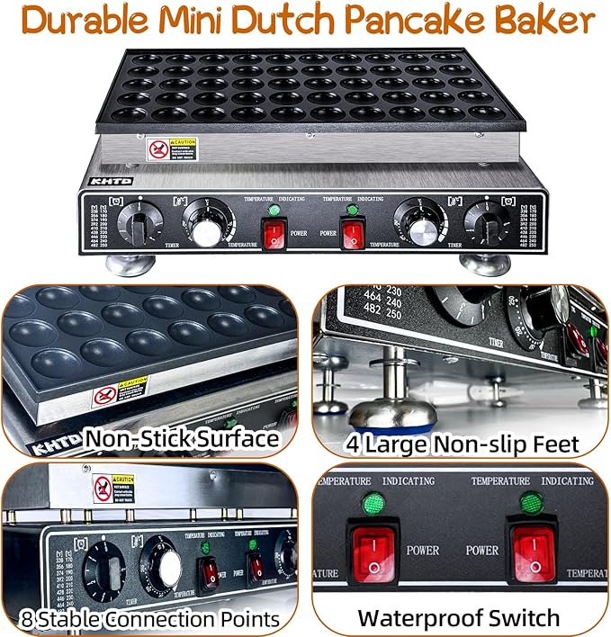 Mini Pancake Maker Machine, 50PCS Electric Nonstick Dutch Pancake Maker 110V 1600W, Commercial Muffin Maker with 2 Thermostats & 2 Timers Separate Control for Home Restaurant (12"D×21"W×7"H)