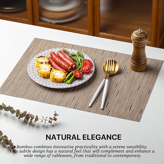 LEXMORE PVC Woven Placemats 12 PCS Wipeable Indoor/Outdoor Table Mats Washable Vinyl Place Mats for Dining Table, Set of 12-Light Brown