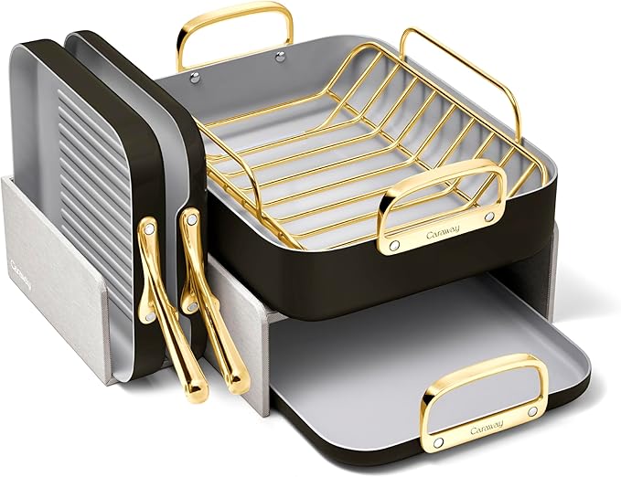 Caraway Square Cookware Set - Square Pans Set - Perfect for Griddling, Toasting, Searing, Roasting, and More - Non-Stick Ceramic Coated Pans - Non Toxic, PTFE & PFOA Free - Black