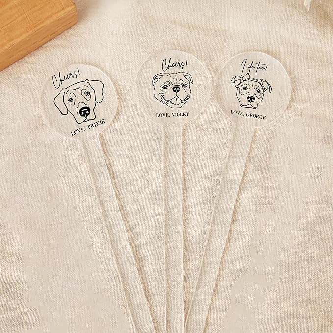 Personalized Dog Drink Stirrers, Custom Wedding Pet Illustration Acrylic Sticks for Wedding Cocktails, Unique Party Favors & Reception Decor Style 3