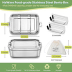 HaWare Stainless Steel Bento Box, 47oz (1400ML) Lunch Box Container with Lids and 2 Removable Dividers, Metal Lunch Containers with Locking Clips, Leak-Proof Food Storage Containers for Work School