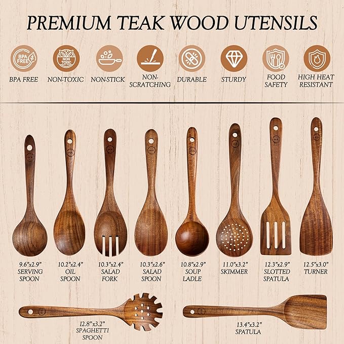 Wooden Spoons for Cooking – 10-Piece Teak Wood Cookware Utensil Set with Smooth Finish – Non-Stick, Comfortable Grip – Durable, Heat Resistant Kitchen Utensils