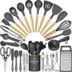Umite Chef Silicone Kitchen Utensil Set, 34PCS Heat Resistant Kitchen Gadgets and Tools With Grater, Wood Handles for Nonstick Cookware (Dark Gray)