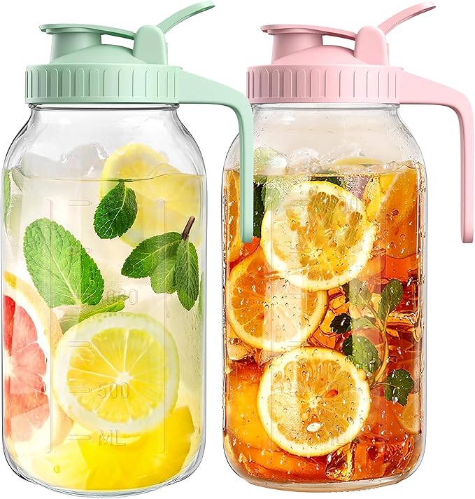 64oz Airtight Glass Pitcher with Lid, 2 Quart Wide Mouth Mason Jar Pitchers for Fridge, Leak-Proof Iced Tea Container,Large Dispenser for Juice,Cold Brew Coffee, Storage and Drinks-2PACK(Green+Pink)