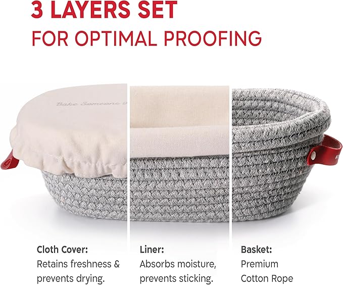 Cotton Rope Banneton Bread Proofing Basket Set, 2 x Oval Bread Basket with Liners & Covers for Artisan Bread Baking, Sourdough Bread Baking Supplies