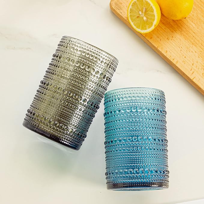 Vintage Glassware Set - 4pcs Multicolor 15.2oz Hobnail Drinking Glasses for Beer, Cocktail, Soda & Juice - Embossed Old Fashioned Glassware with Four Unique Colors
