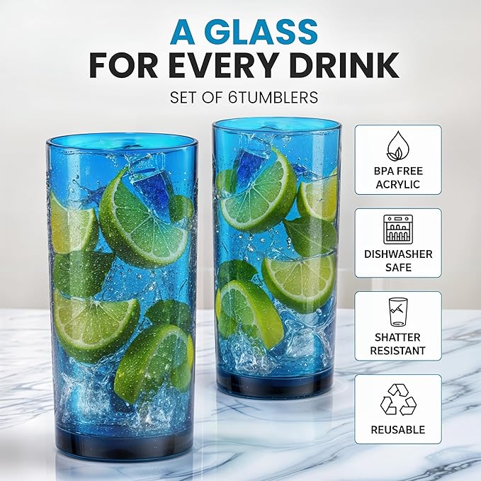 Zulay Kitchen Acrylic Glasses Drinkware - 6 Piece Unbreakable Plastic Tumblers - BPA-Free, Reusable Plastic Drinking Glasses for Home & Outdoors - Stackable, Lead-Free, Dishwasher Safe, Blue (16oz)