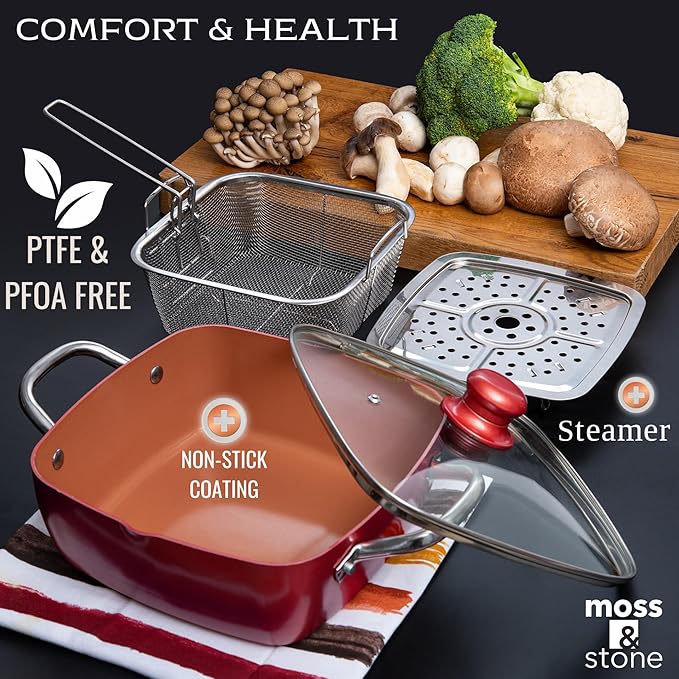 Moss & Stone 5 Pcs Red Copper Chef Cookware Non Stick Deep Frying Pan, Fry Basket, Steamer Rack, Dishwasher & Oven Safe, 5 Qt Deep Square Pan, Induction Copper Cookware Set - 9.5" x 3.5"