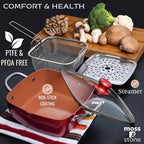 Moss & Stone 5 Pcs Red Copper Chef Cookware Non Stick Deep Frying Pan, Fry Basket, Steamer Rack, Dishwasher & Oven Safe, 5 Qt Deep Square Pan, Induction Copper Cookware Set - 9.5" x 3.5"