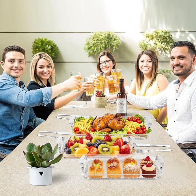 Set of 3 Serving Platters with Handles 16.5/15/13.2 Inch Reusable Large Serving Trays, Party Food Tray, Rectangular Dinner Plates for Cookie, Cake, Turkey, Cheese, Fruit, Snack(Transparent)