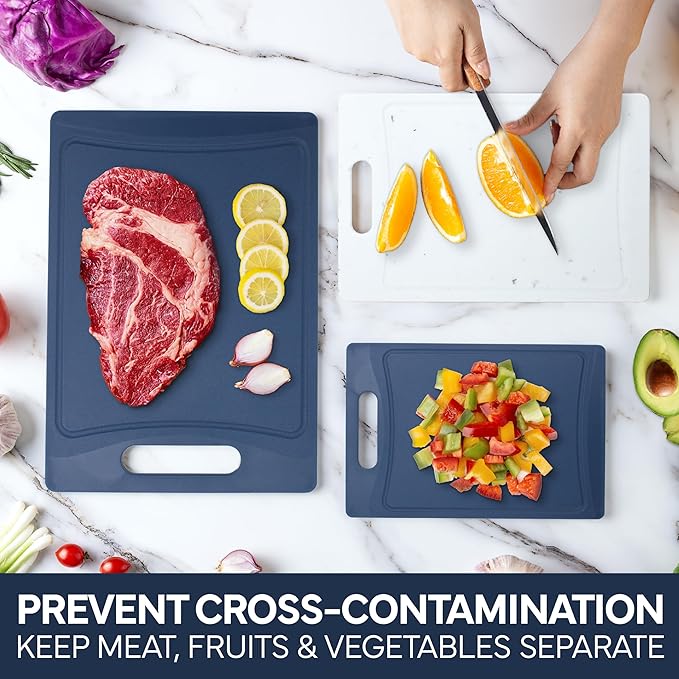 COOK WITH COLOR Non-Slip Cutting Board Set – Kitchen Essentials with Easy Grip Handle for Meat, Veggies, and Fruits, 3 Cutting Boards, Blue and White Marble
