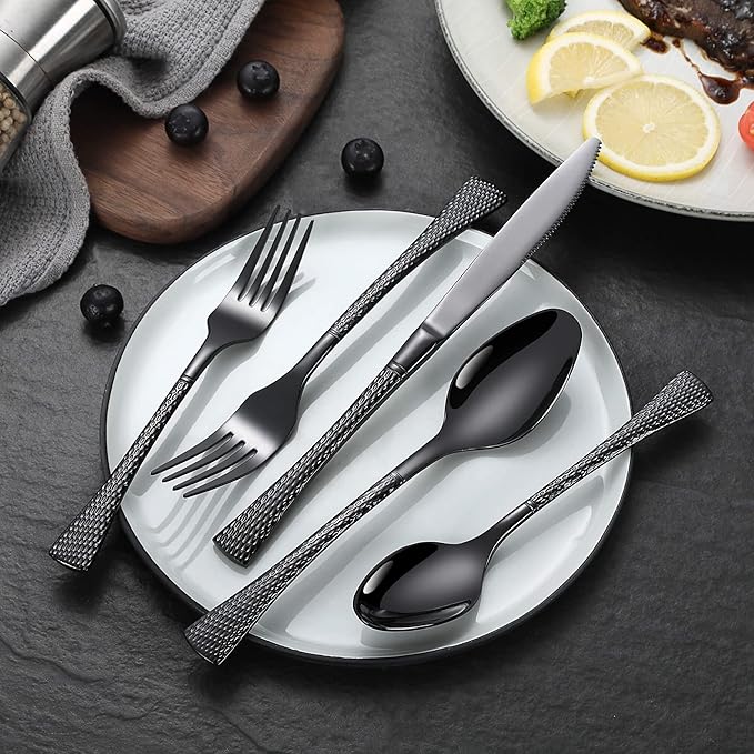 Lemeya Hammered Black Silverware Set,20 Piece Modern Flatware Set Service for 4,Mirror Polished Stainless Steel Cutlery Set Utensil Set Tableware Set,Kitchen Knives Forks Spoons Set,Dishwasher Safe