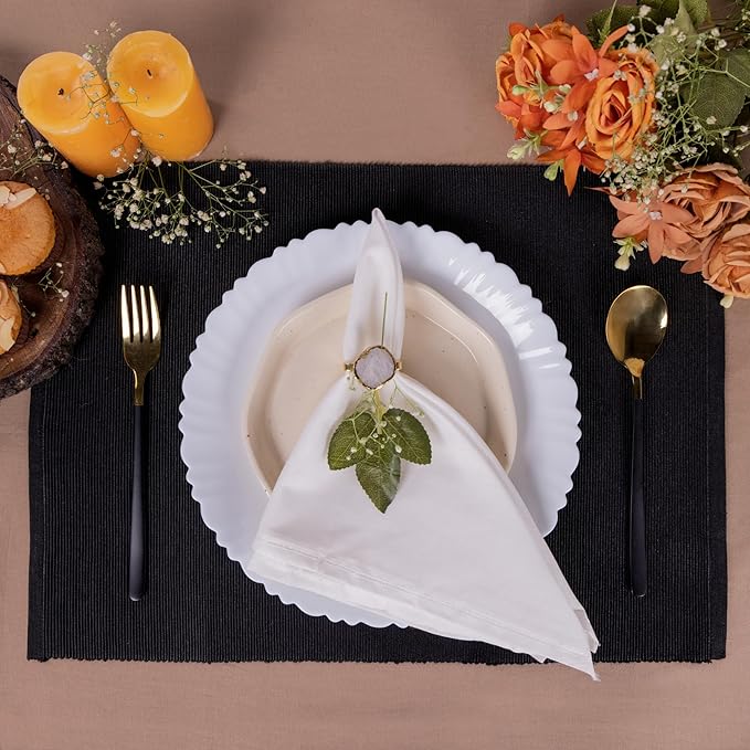 RAJRANG Black Placemats Set of 6 - Cotton Ribbed Tabletop, Non-Slip Wrinkle Free Kitchen Table Mats for Dining Table, 13x19 Inch
